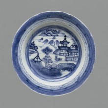 Plate, ceramics, pagoda, blue-and-white porcelain, Chinese art, landscape motifs, 19th century,