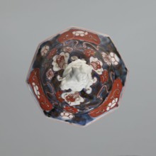 Vase with cover, Japanese, imari porcelain decorated with flowers, tree, bamboos, peonies, and