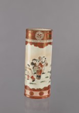 Vase, Kutani; porcelain; cylindrical vessel depicting one hundred sons boys in figurative scenes
