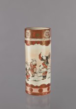 Vase, Kutani; porcelain cylinder vessel decorated with figurative scenes of one hundred sons boys
