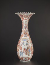 Vase, Arita, Japan; colored porcelain vessel decorated with dragons, figurative scenes, geometric