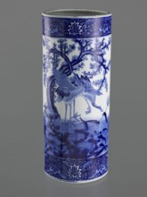Umbrella vase, ceramics, herons iconography, plum trees, Japanese art, decorative vessel, Meiji