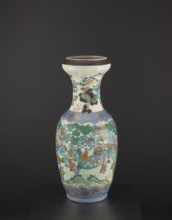 Vase, colored porcelain with figurative scenes and plant ornaments, depicting warriors and knightly