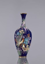Vase, cloisonné enamel, wisteria, hens, flowers, roosters iconography, Japanese art, Meiji