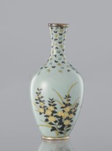 Vase with a thin, very slightly flared neck. Decoration of flowers and butterflies in cloisonné