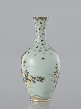Vase, Cloisonné enamel with flowers and butterflies on a pale blue-gray background. Meiji–Taisho