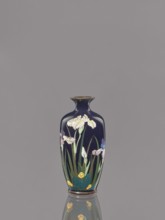 Vase, Ovoid vase with a short, thin, flared neck decorated with irises on a dark blue background.