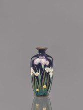 Vase, Ovoid vase with a short, thin, flared neck. Cloisonné enamel with a dark blue background and