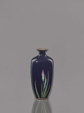 Vase, ovoid cloisonné enamel vase with a short, thin, flared neck; dark blue background decorated
