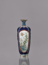 Vase, gift, revindication noted. Ovoid, elongated cloisonné enamel vase with a short, thin,