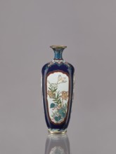Vase, ovoid elongated cloisonné enamel vase with short, thin, strongly flared neck. Decoration:
