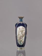Vase, Ovoid elongated cloisonné enamel vase with a short, thin, strongly flared neck. Decoration: