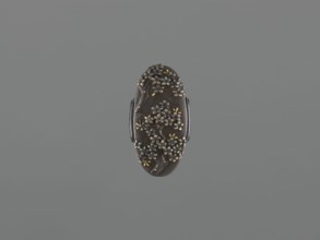 Sword hilt cap kashira, ; decorated with flowers and twigs, grained background, gold and silver