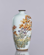 Vase, cloisonné enamel, chrysanthemums and maples, plant ornaments; Ovoid elongated vase with