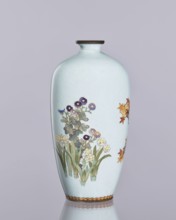 Vase, chrysanthemum and maple decoration in cloisonné enamel, ovoid elongated vase with narrow