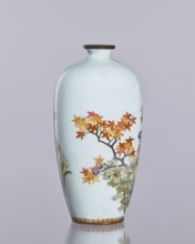 Vase, cloisonné enamel; chrysanthemums and maples plant ornament; decorative ovoid vase, elongated