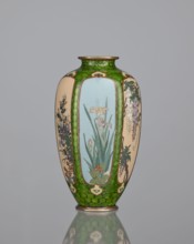 Vase, cloisonné enamel, floral pattern with butterflies and dense green floral rosettes in reserved