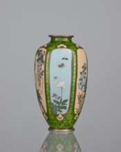 Vase, cloisonné enamel, floral pattern with butterflies and dense green floral rosettes in