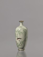 Vase, Cloisonné enamel vase with a short, thin, flared neck. Decoration of plants and swallows on a