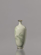 Vase with a short, thin, flared neck. Decoration with swallows and plants on a gray-green