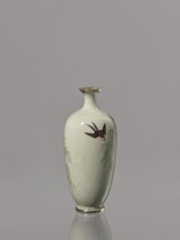 Vase, Cloisonné enamel vase with a short, thin, flared neck. Decoration of swallows, plants, and