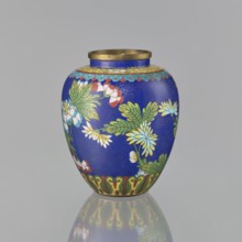 Vase, cloisonné enamel, Chinese art; plant ornament featuring peonies and a meander motif;