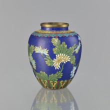 Vase, cloisonné enamel, Chinese art; ornament: plants peonies and meander motif; oval-shaped vase