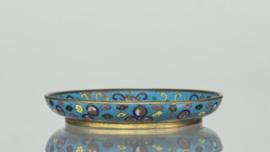Round cloisonné enamel plate, 19th century, China. Round plate with a flat bottom, without a