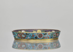 Plate. Cloisonné enamel decorative vessel, Plate with a brim. Turquoise-ground decoration with