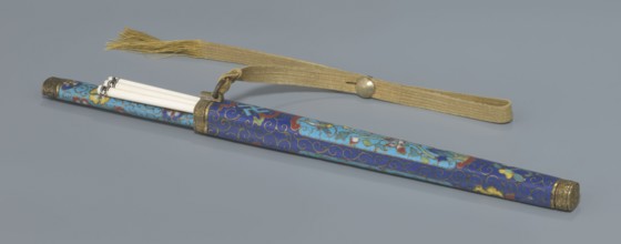 Travel cutlery set in case; Chinese, Qing dynasty 19th century. Knife with cloisonné enamel handle