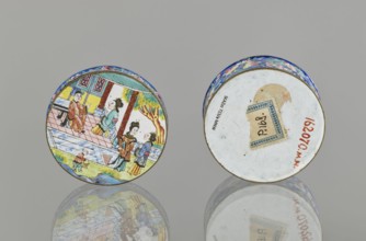 Box with a lid;, Painted enamel box depicting figurative scenes with peonies, grapes, and peaches.