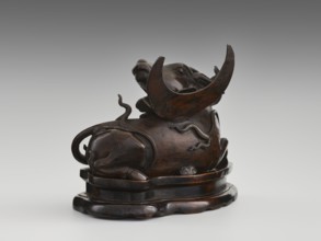 Mirror pedestal — lying unicorn on base; Chinese; Qing dynasty 1644–1911, 17th century; carved