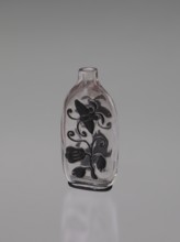 Flask - snuffbox; cylindrical neck; layered transparent glass with a black top layer; decoration