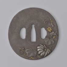 Crossguard tsuba, Masayoshi. Round tsuba maru gata with a rectangular edge kaku mimi, decorated on