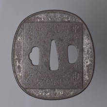 Crossguard tsuba, Tsuchiya Yasuchika 1670–1744, Nara school. Tsuba in the shape of a rectangle with