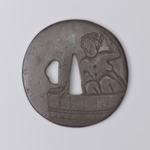 Crossguard tsuba, Yoriie,  ; engraved decoration depicting a naked woman bathing in a large tub and