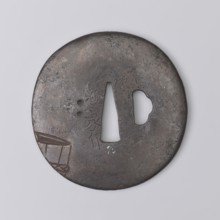 Crossguard tsuba, Yoriie,  ; engraved decoration depicting a naked woman bathing in a large tub and