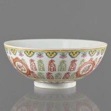 Bowl, porcelain body with white glaze; decoration painted with overglaze enamel paints and iron red