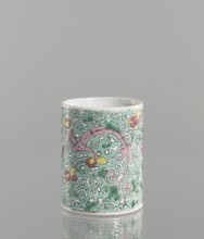 Brush vessel. Chinese; Qing dynasty 1644–1911. Porcelain with celadon glaze; decoration painted