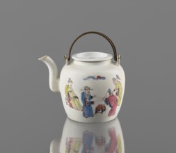 Teapot with a lid;, Porcelain teapot with tubular spout and flat, concave lid; white transparent