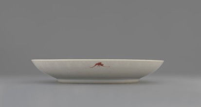 Plate;, Porcelain fragment with white glaze, decorated in overglaze iron red with longevity shou