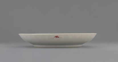 Plate;, Porcelain fragment with white glaze, decorated with overglaze iron red. Colored porcelain,