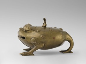 Incense burner with a cover — moon frog toad. Cast in bronze studded with copper. Popular motif in