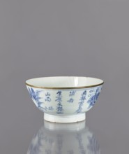 Bowl, Deep round bowl on a high, ring-shaped foot. Decorated with underglaze cobalt painting: