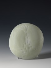 Plaque-lid, maker, 19th century Qing dynasty 1644–1911, China. Bas-relief carved jade plaque-lid