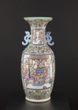 Cantonese vase, Canton China, 19th century. Colored porcelain ovoid vessel with thin neck and two