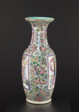Cantonese vase, Canton China, Chinese art; ovoid body with thin neck and two side handles, rib with