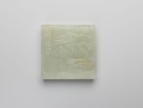 Plaque, Chinese, Qing 1644–1911, landscape motifs with fishermen, engraving of a rock, pale green