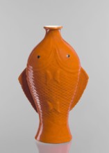 Vase in the shape of two fish, Chinese, Qing dynasty 1644–1911, ceramics decorative vessel with red