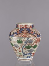 Vase tsubo, Japanese, decorated with flowers, plant ornaments, phoenixes, geometric ornaments,
